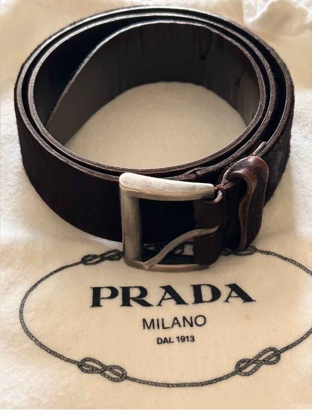 Authentic Prada Leather Pony Hair Belt size 29 Silver Buckle Brown